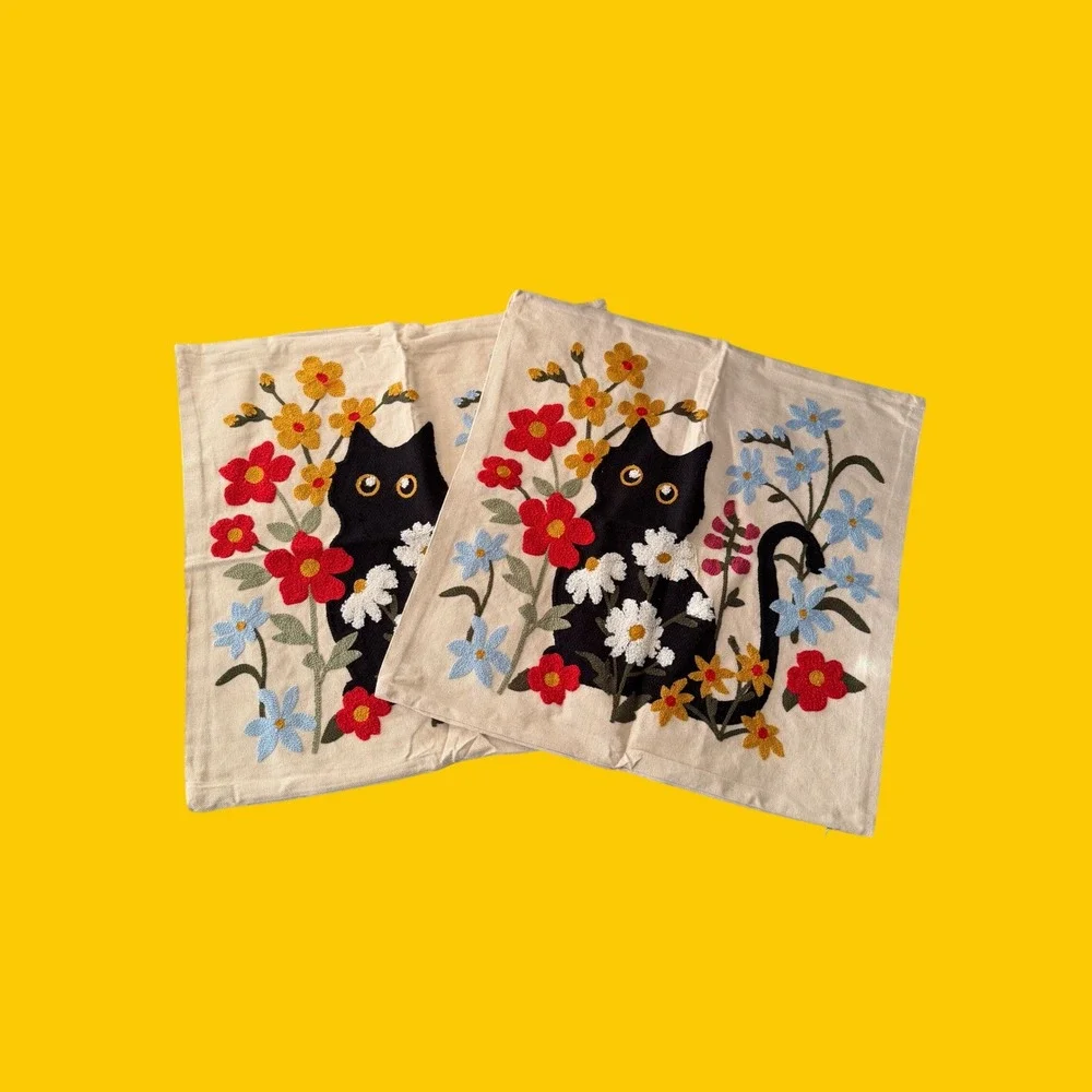 Set of 2 Black Cat Floral Embroidered Pillow Cases Cream Cottagecore 18x18